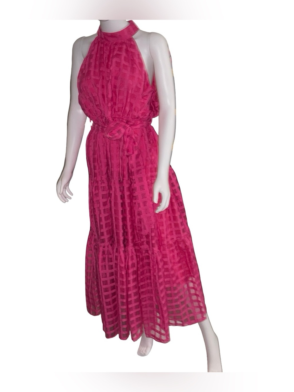 Chicwish Womens Hot Pink Grid Burnout Halter Tiered Maxi Dress Sash Tie Pink 2XL